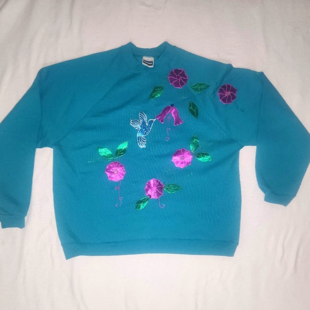 Plus Size Teal Sweatshirt with Floral and Hummingbird Design.  Charming!